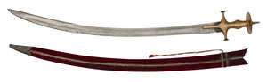 A watered-steel Tulwar with gold damascened hilt and makers mark, India, 19th century, the single-edged blade with square signature cartouche with maker's 