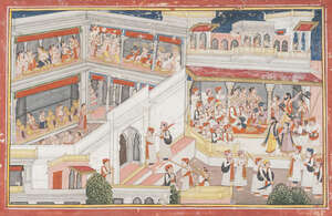 
	
		A palace festival scene, Pahari school, 19th century, gouache on paper heightened with...