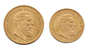 Two gold coins, comprising: a German 20 mark, 1888; and a German 10 mark, 1888 (2) 
		 