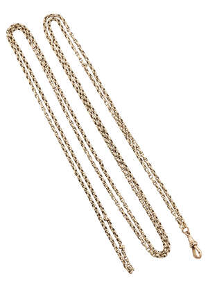 
	
		A late 19th / early 20th century gold guard chain, of belcher link design, length 159cm,...