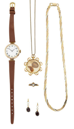 A collection of jewellery comprising: A pair of garnet and cultured pearl drop earrings; a 9ct gold three colour necklace; a cultured pearl necklace; two gem r