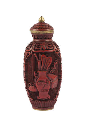 
	
		A Chinese cinnabar lacquer snuff bottle, Qianlong mark and of the period, finely carved...