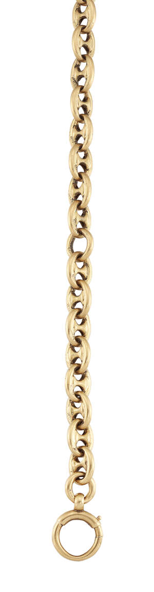 An 18ct gold watch chain, of anchor link design with clip, bar and loop terminals, partial Sheffield hallmarks, length 44cm