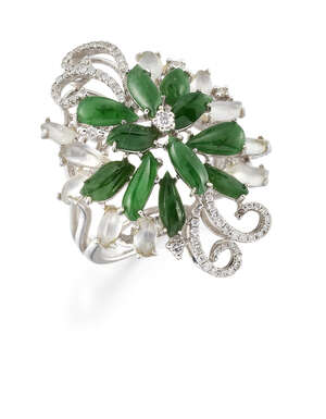 
	
		A jadeite jade and diamond cluster ring, designed as a flowerhead, the green and white...
