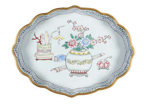 
	
		A Chinese Canton painted enamel dish, Republic period, painted with a vase containing...