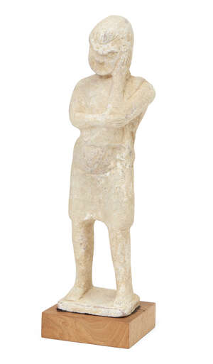 
	
		A hollow terracotta standing theatrical figure wearing the mask of a comic actor, resting...