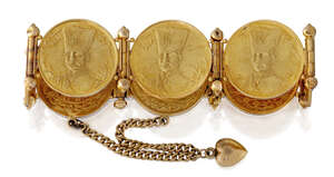 A facsimile gold coin bracelet, composed of five medallions each depicting the portrait of Naser al-Din Shah Qajar, Shah of Persia, with hinged connections and