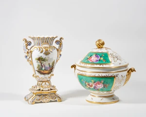 A French porcelain two-handled soup tureen and cover (soupi&egrave;re) and a French porcelain vase,...
