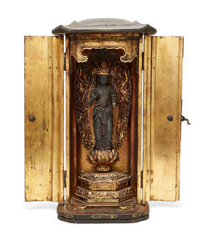 
	
		A Japanese gilt wood lacquer shrine (zushi), Edo period, housing Kannon Bosatsu...