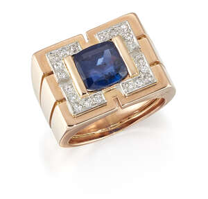 
	
		A French Art Deco, gold and platinum sapphire and diamond ring, the central cushion-cut...