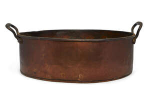 
	
		A large oval copper preserving pan, 19th century, with twin handles, engraved to the side...