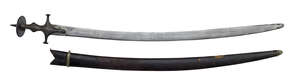 A silver hilted tulwar, India, 19th century, the slightly curved steel blade thickened at spine and with central groove, hatched design towards hilt, the hilt 