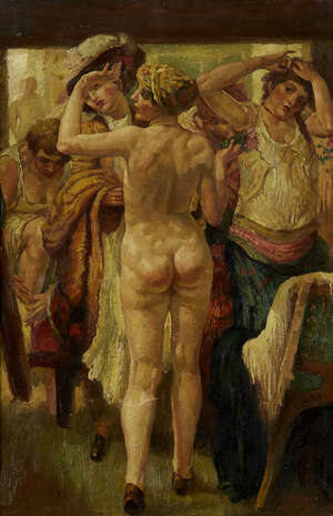 
	
		J Feldman, 
		early 20th century- 
		 
		Nude woman in crowded changing room;...