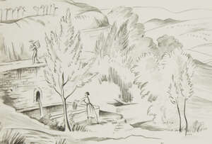 
	
		Rowland Pym, 
		British 1905-2010 - 
		 
		Landscape with two figures; 
		 
		ink on...