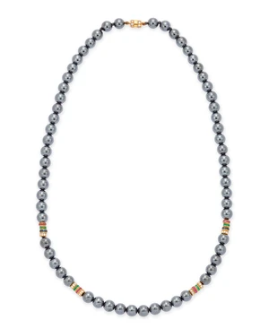 A haematite bead necklace, with sapphire, ruby, emerald, and diamond set rondelle spacers, to a...