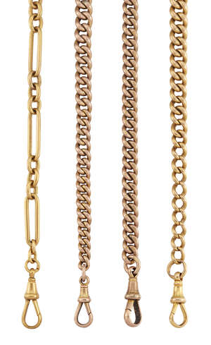 Four late 19th/early 20th century 9ct gold watch chains, three of curb link design and one of fetter and three link design, each with clip and bar terminals, v