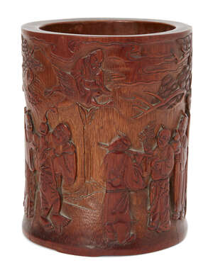
	
		A Chinese bamboo immortals brush pot, 19th century, carved with the Eight Immortals in a...