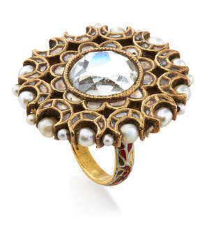 
	
		RTO A gold mirror ring, India, 19th century, of floral shape inlaid with mirror and...