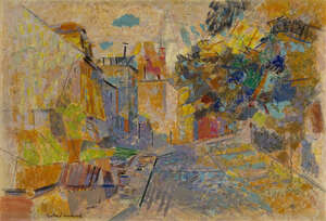 Jan Ekiert, 
Polish/French 1907-1993- 
 
Abstract street scene; 
 
oil on board, signed 'Ekiert' lower left, 37 x 54 cm (ARR) 
 
Provenance: Family of the a