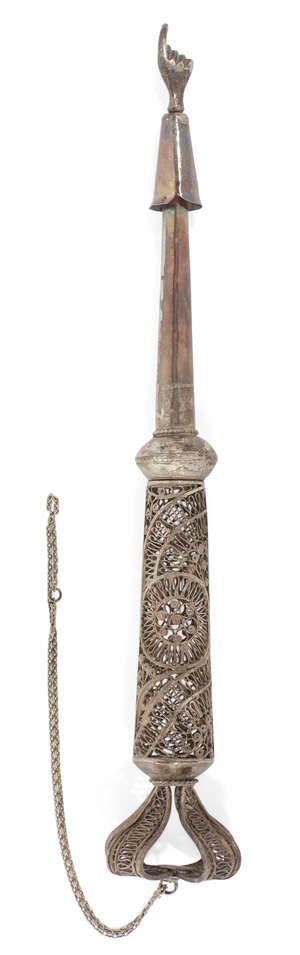 
	
		A silver filigree Torah pointer, yad, signed Bezalel, Jerusalem, 20th century, of...
