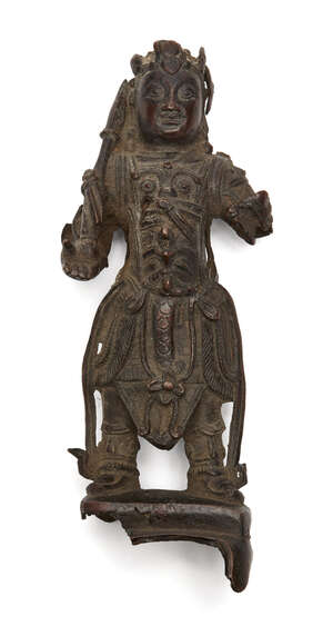 
	
		A Chinese bronze figure of a warrior, late Ming dynasty, standing on a square throne,...