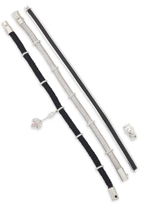 A group of three bracelets, two of wrapped wire design, with applied diamond lines, one...