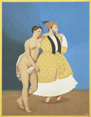 
	
		Farhat Ali (b. 1988), Untitled, 2014, Nude and a Mughal ruler, ink and gouache on wasli...