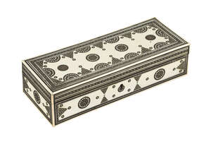
	
		A Katamkari box, early 20th century, of rectangular form, with rectangular panels to lid...