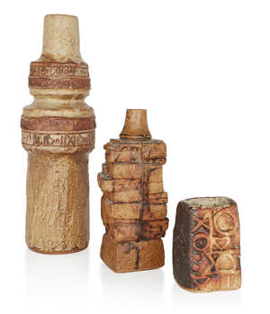 
	
		Bernard Rooke (b.1938), 
		 
		Two Studio Pottery lamp bases and a slab vase, circa...