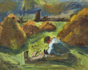 Piet van Wijngaerdt, 
Dutch 1873-1964- 
Man in a field, 1953; 
signed and dated lower left 'Piet van...