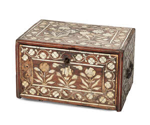 
	
		A small Indo-Portuguese ivory-inlaid chest, 18th century, of rectangular form, the top...