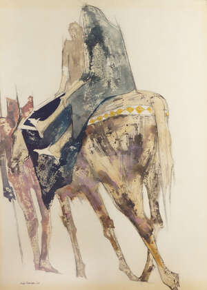 
	
		Anda Paterson, 
		Scottish b.1935- 
		 
		Abstract figures on horseback, 1966; 
		 
		