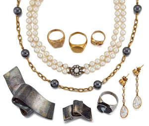 
	
		A collection of jewellery, comprising: a Victorian gold, diamond and ruby ring of...