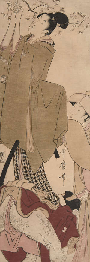 
	
		 Kitagawa Utamaro, Japanese c.1753-1806, A Man Attaching a Tanzaku, woodblock print in...