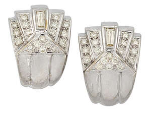
	
		A pair of diamond and coloured diamond scroll-design earrings, each with two rows of...