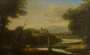 
	
		British School, early/mid 19th century- Cattle herder on the banks of a meandering river;...