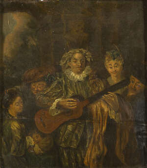 Manner of Jean-Antoine Watteau, 
		early 19th century- 
		 
		Harlequin Playing Guitar and Pierrot with Elegant Figures; 
		 
		oils on panel, a pair, 2