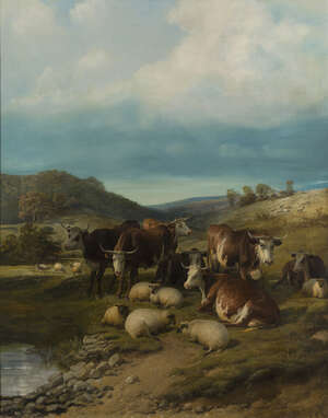 
	
		Thomas Sidney Cooper, RA, 
		British 1803-1902- 
		Cattle and sheep at a watering place;...