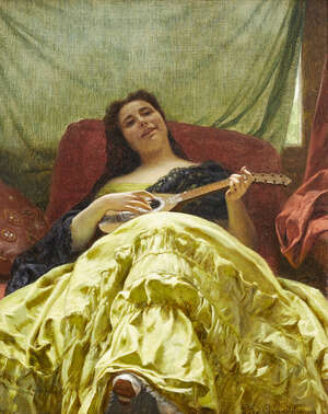 
	
		Louis Emile Pinel de Grandchamp, 
		French 1831-1894- 
		The mandolin player; 
		oil...