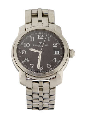
	
		A stainless steel quartz wristwatch by Baume & Mercier, the black circular dial with...