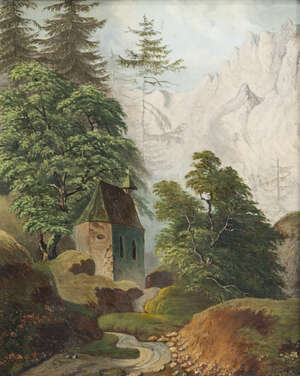 
	
		German Provincial School, mid-late 19th century- Alpine lodge by a river with mountains...
