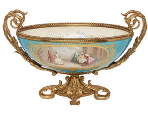 
	
		A Continental Sevres style porcelain and gilt metal mounted tazza, late 19th century, 