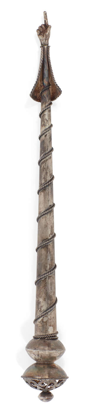 
	
		A silver Torah pointer, yad, bearing spurious Russian marks, with sleeved hand terminal,...