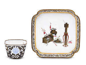
	
		A Chinese Canton enamel cup and dish, mid-19th century, each of canted square form and...