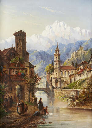 
	
		Felice Auguste Rezia, 
		Italian act. 1866-1906-
		 
		Village scene;
		 
		oil on...