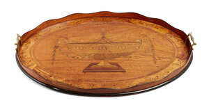 
	
		A George III marquetry inlaid satinwood oval tray, with wavy gallery, inlaid urn and...