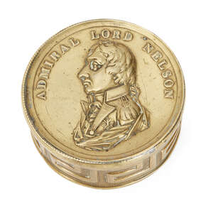 
	
		A stamped brass pill box, circa 1806, the detachable lid with Nelson's portrait headed 