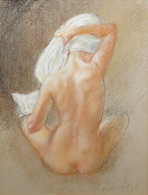 Neil Forster, 
		British 1939-2016- 
		 
		Seated nude with towel; 
		 
		pastel on buff, signed in pencil, 20x15cm (ARR) 
		 
		Provenance: Bonhams,