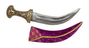A damascened hilt jambiyya, Deccan, late 19th century, the curved steel blade with three ridges narrowing to a central ridge toward end, the hilt of waisted fo