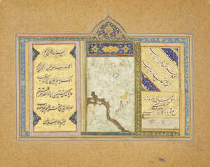 
	
		Layla visits Majnun in the wilderness, probably an illustration from a Khamsa of Amir...